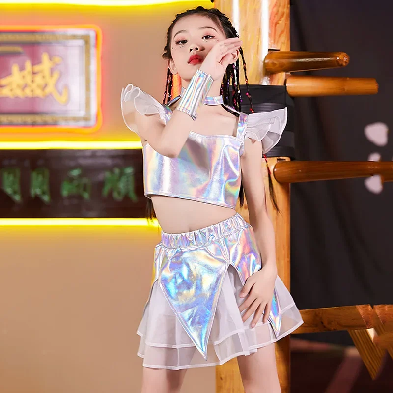 Children Jazz Dance Costume Silver Shirt Skirt Girl Hip Hop Clothing Fashion Catwalk Stage Outfit Kids Modern Show Wear