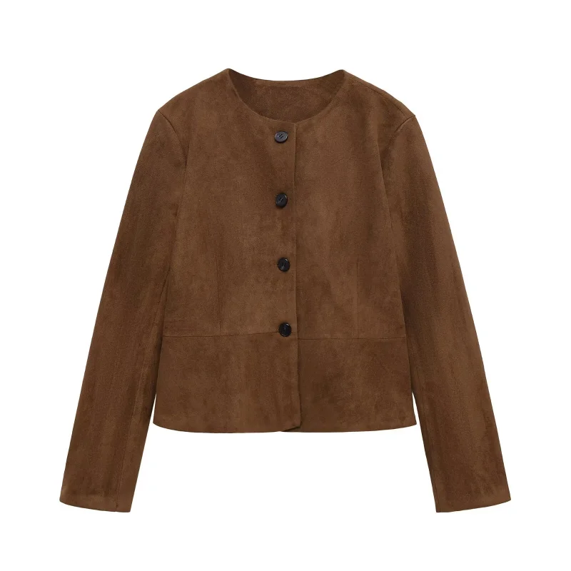 

LIBIELIY 's Autumn Collection Women's Wear Maillard Color Series Retro Round-neck Suede Round-neck Jacket