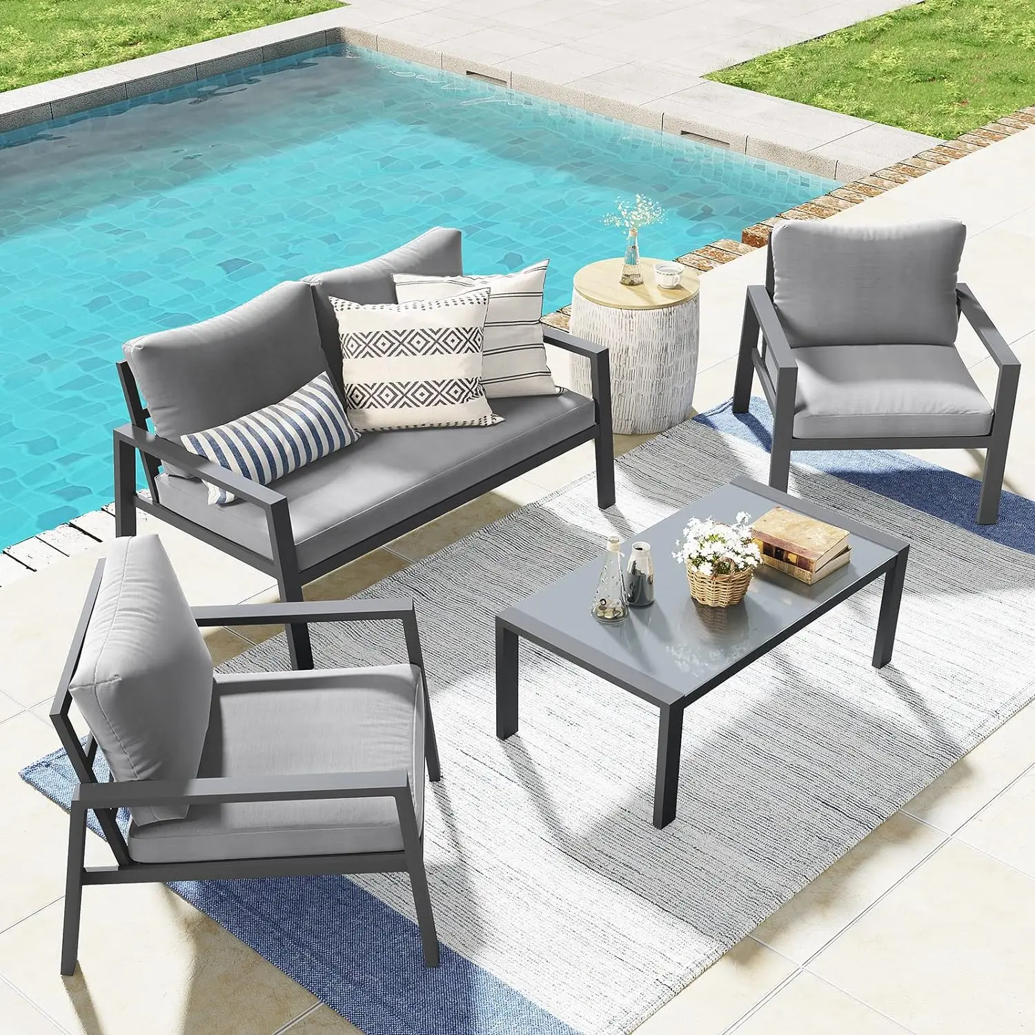 4-Piece Aluminum Outdoor Patio Furniture, Patio Conversation Sofa Set with Removable Cushions, Tempered Glass Top Coffee Table