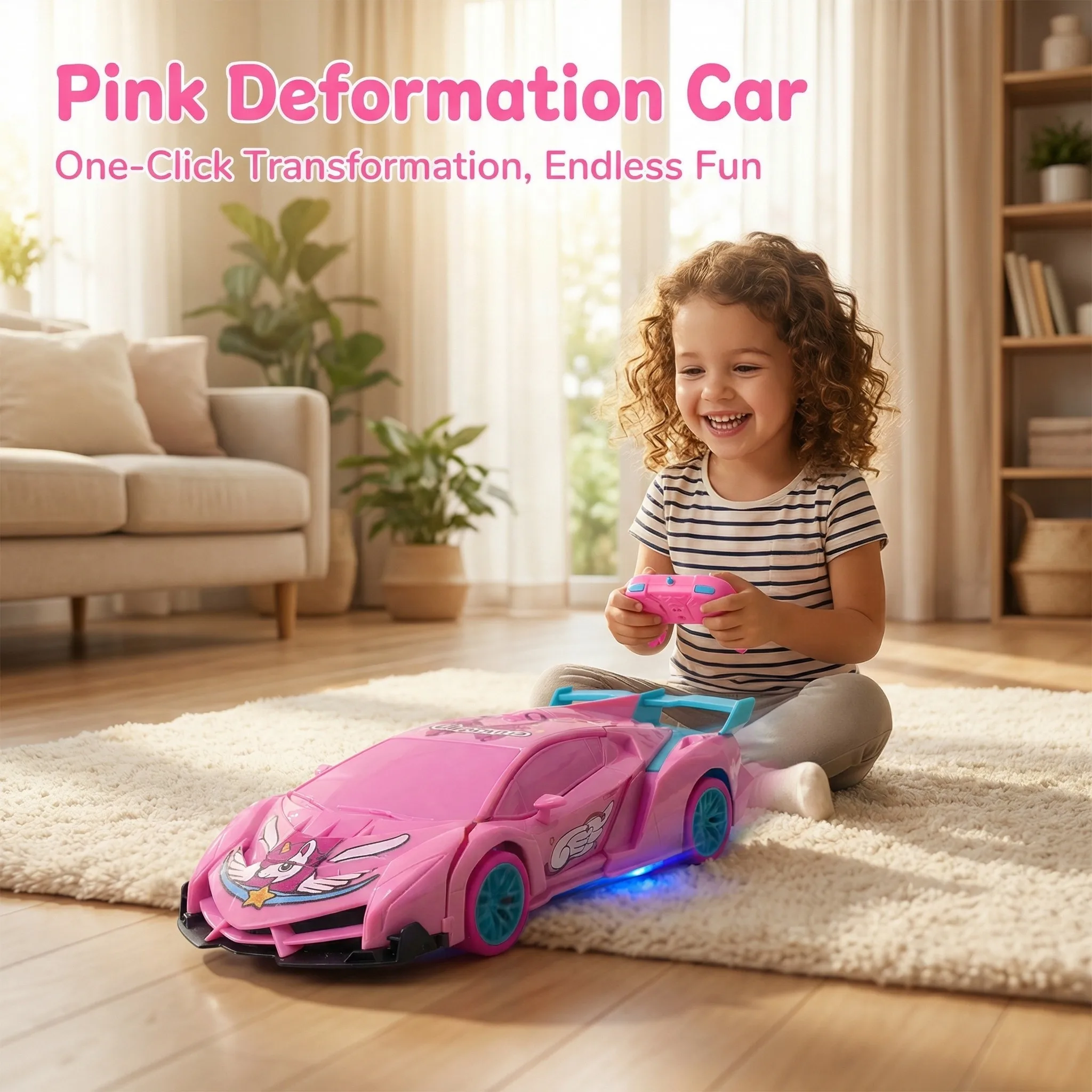 

Unicorn Barbie Pink Remote Control Transforming Car Robot Toy with LED Lights — A Cute Gift for Girls and Children