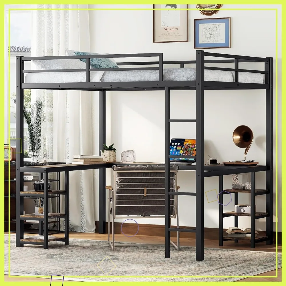 Cama alta de metal con escritorio en forma de L y estantes, estructura de cama que ahorra espacio para habitaciones pequeñas, acabado en madera vintage negra
