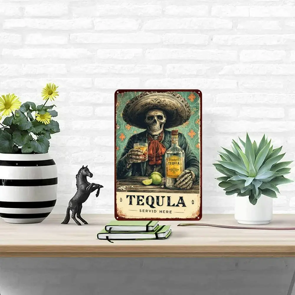 2D Flat 1pc, Vintage Mexican Skeleton Tequila Art Metal Sign - 