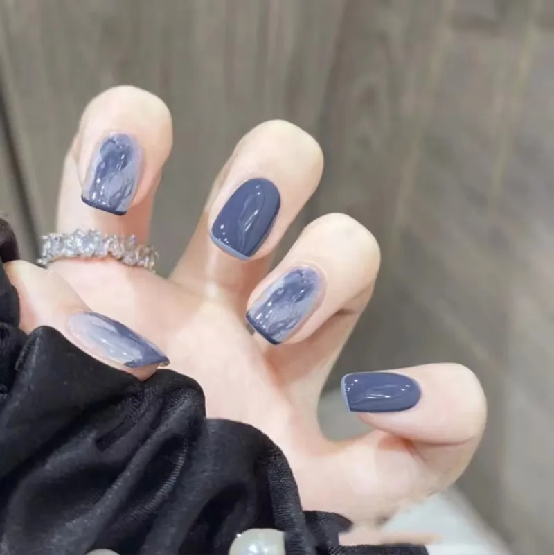 Destacável Artificial Unhas Falsas, Cobertura Completa, Bailarina Imprensa em Unhas Dicas, Azul Curto Rodada Cabeça Quadrada, Falso Nail Art, 24Pcs por Caixa