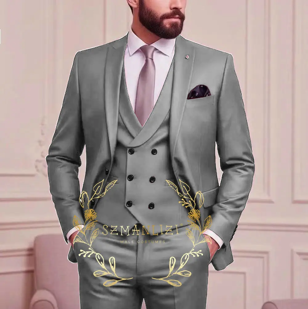 

Light Grey Formal Men Suit Wedding Party Groom Suits Groomsman Male Tuxedos Bridegroom Costume 3 Piece Set Jacket Vest Pant