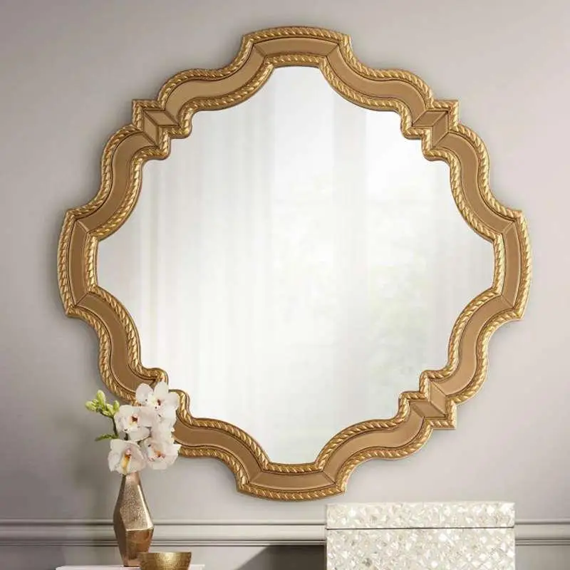 

European style, retro, carved, vanity mirror, gold, old, simple.