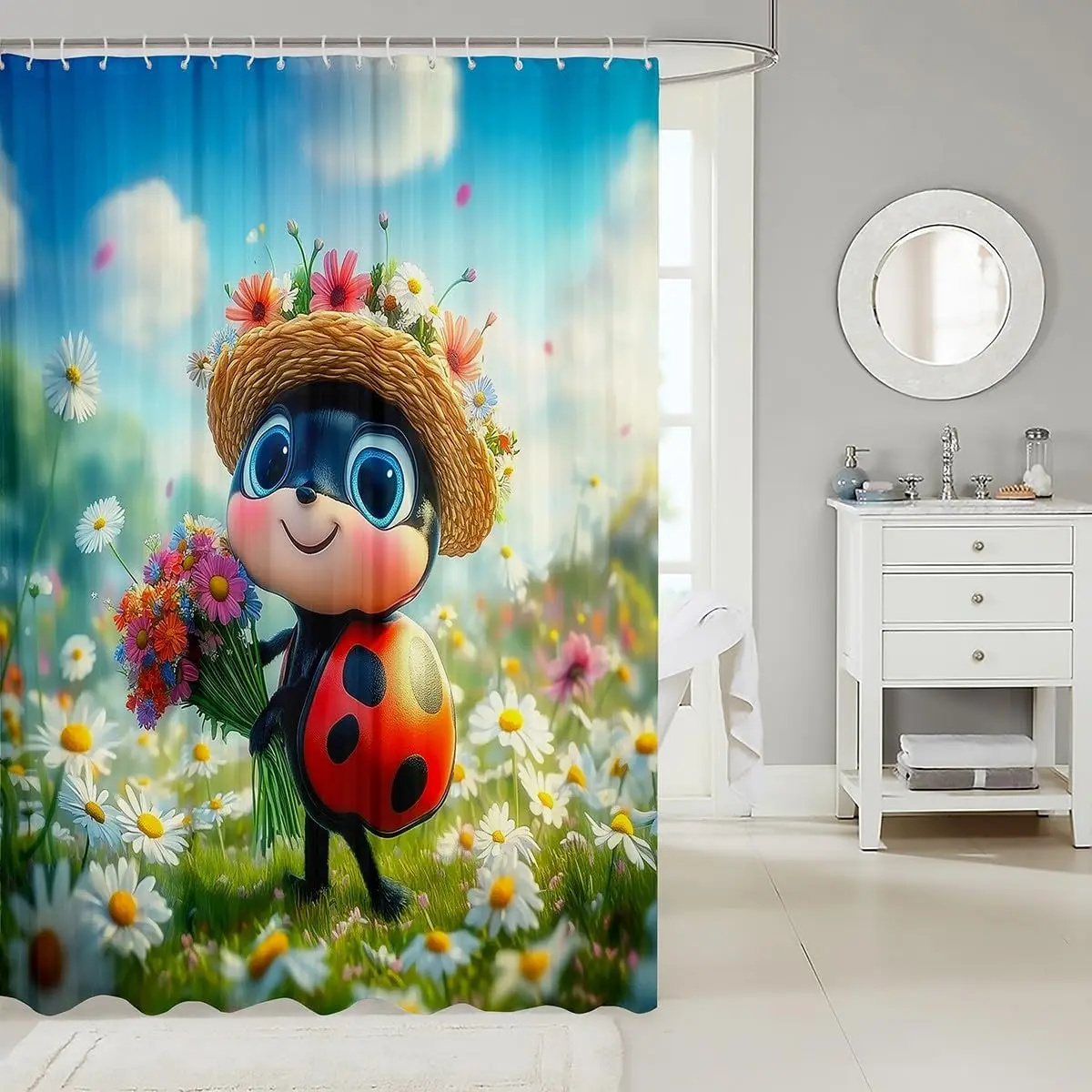 Cute Ladybug Floral Cartoon Shower Curtain for Kids Bathroom Decor Spring Garden Nursery Shower Curtain Liner Kids Bathroom Show