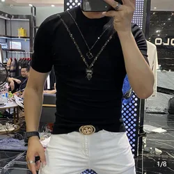 Rhinestone necklacest style brand tshirt fashion men new fashion Short sleeve top tees 100% cotton