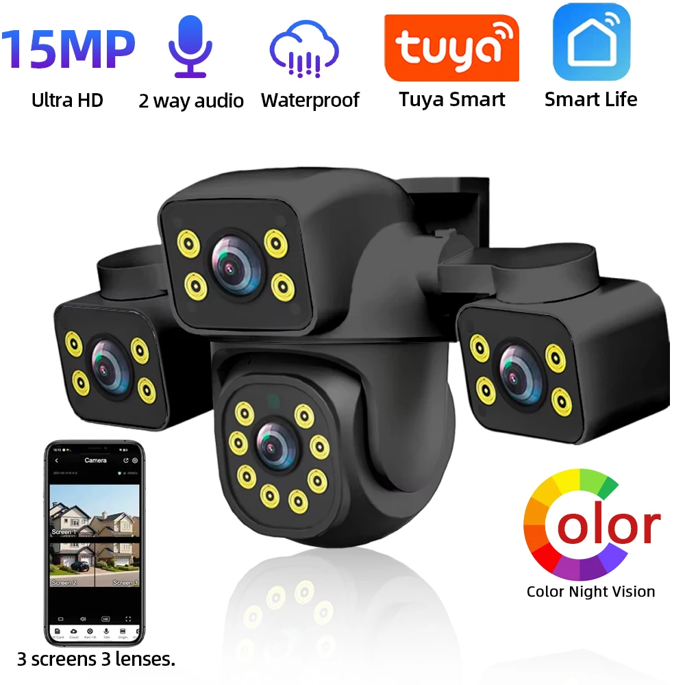 

Tuya 4K 15MP Wi-Fi камера безопасности с тремя объективами и тремя экранами автоматическое отслеживание Smart Life беспроводная камера видеонаблюдения