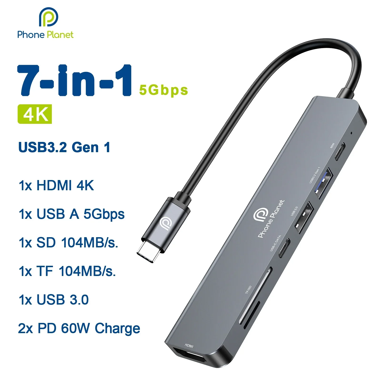 9/7- In-1 4K USB HUB Alloy Body Type-C To HDMI USB3.0 High‑Speed 5Gbps SD/TF Card Reader For MacBook Laptop Docking Station