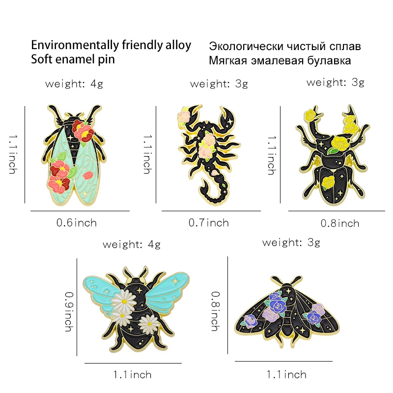 Pins Custom Nature Moth Cicada Scorpion Brooches Lapel Badges Funny Jewelry Gift for Kids Friends Floral Insects Enamel