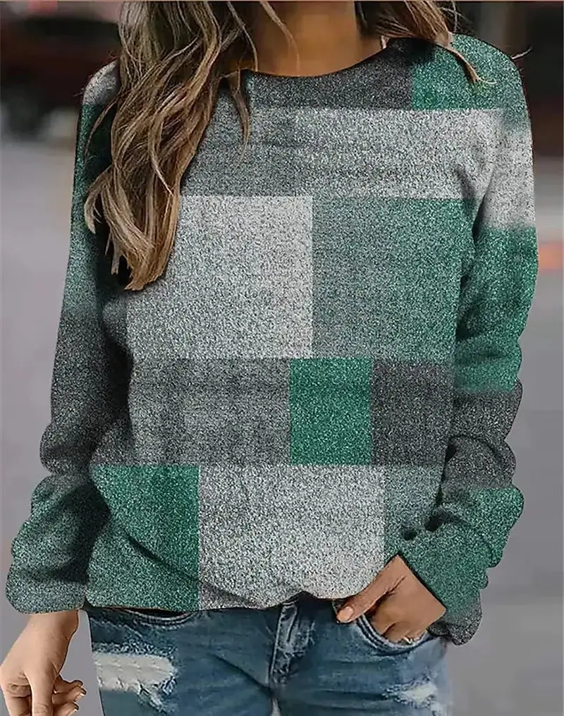 Autumn and Winter Casual Plaid Loose Print Long Sleeve Round Neck Sweater Women Fashion Top Female