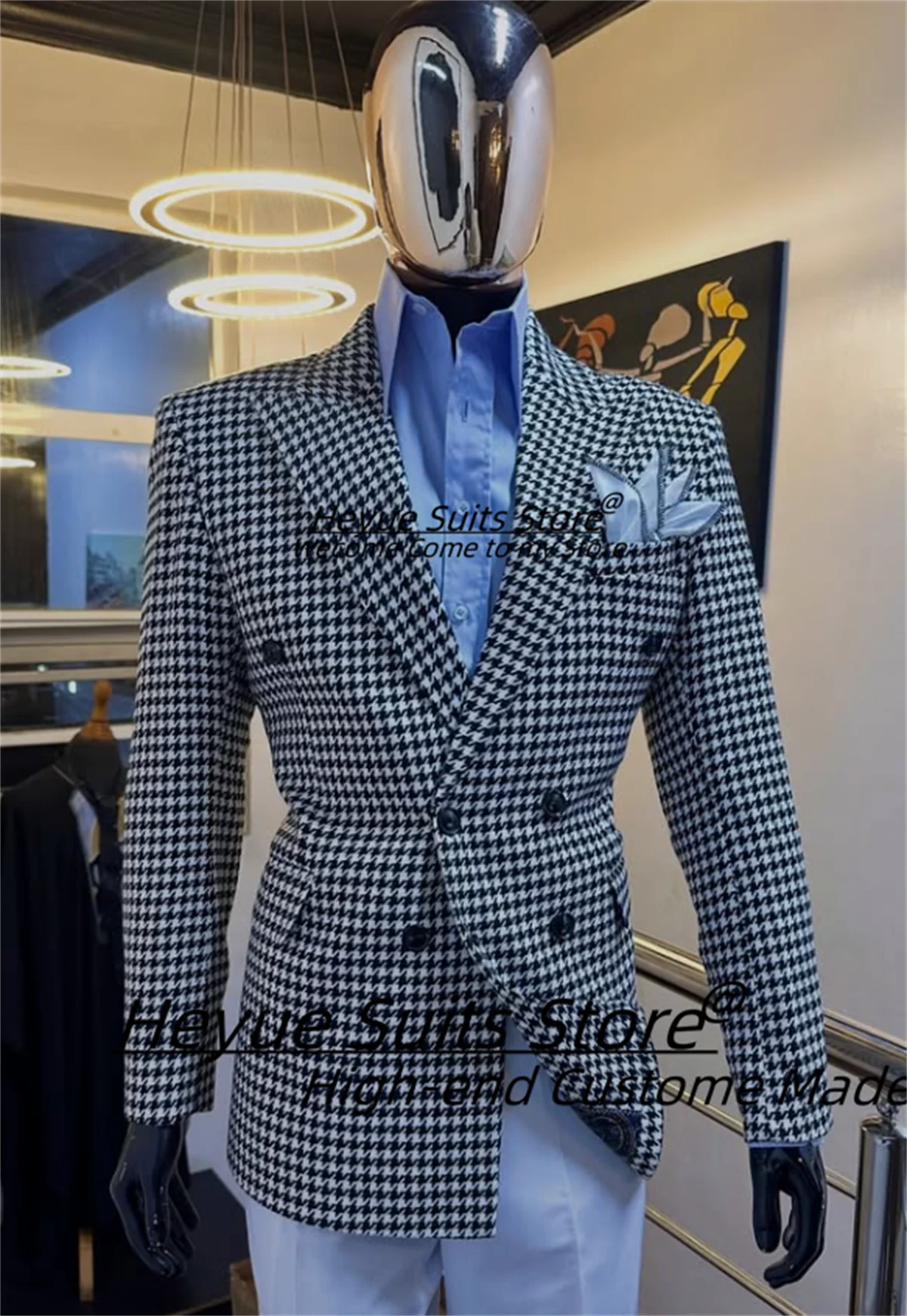 

Casual Houndstooth Fashion Party Men Suits Customized Slim Fit Double Breasted Groom Wedding Tuxedos 2Pcs Sets Male Prom Blazers