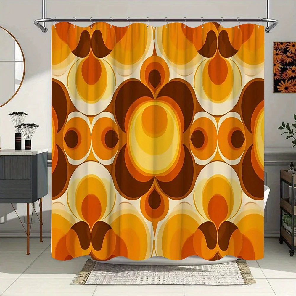 1pc Retro Geometric Bath Curtain 1960s Inspired Orange Yellow Brown Abstract Shapes Mid-Century Modern Vintage Pattern Seamless