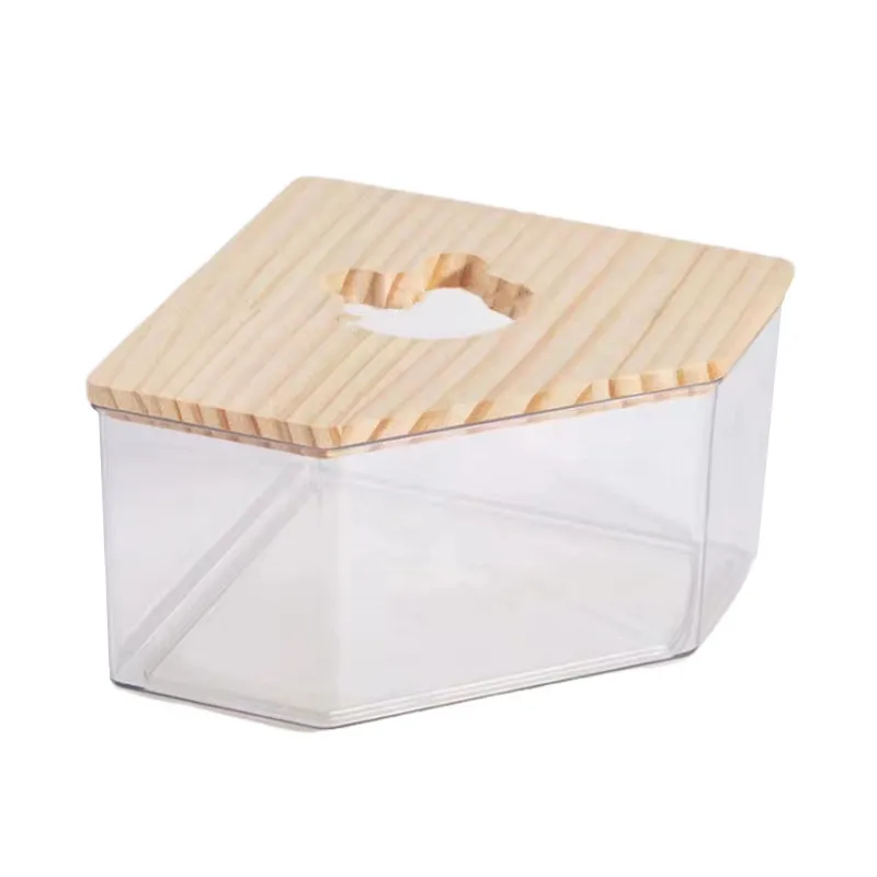 

Transparent Large Hamster Bath House with Wooden Lid Anti Splash Sand Room Easy To Clean Triangular or Square Shape Pet Bathroom