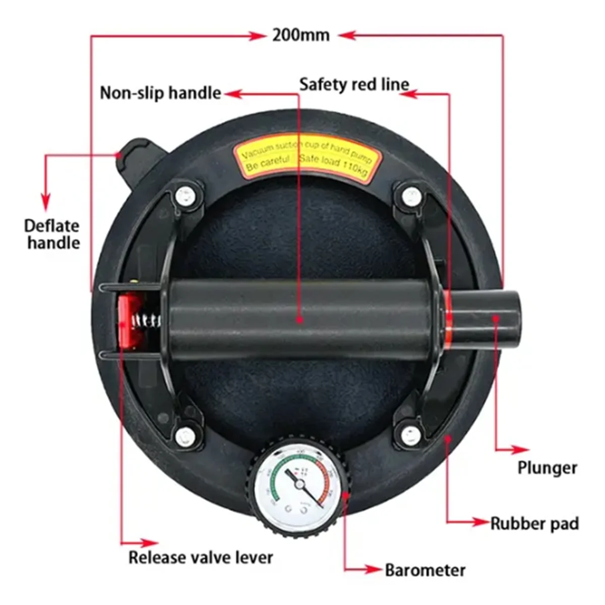 8Inch Glass Suction Cup to Lift Large Glass & Tile,Handheld Vacuum Lifting Heavy Duty Handling Tool with Pressure Gauge