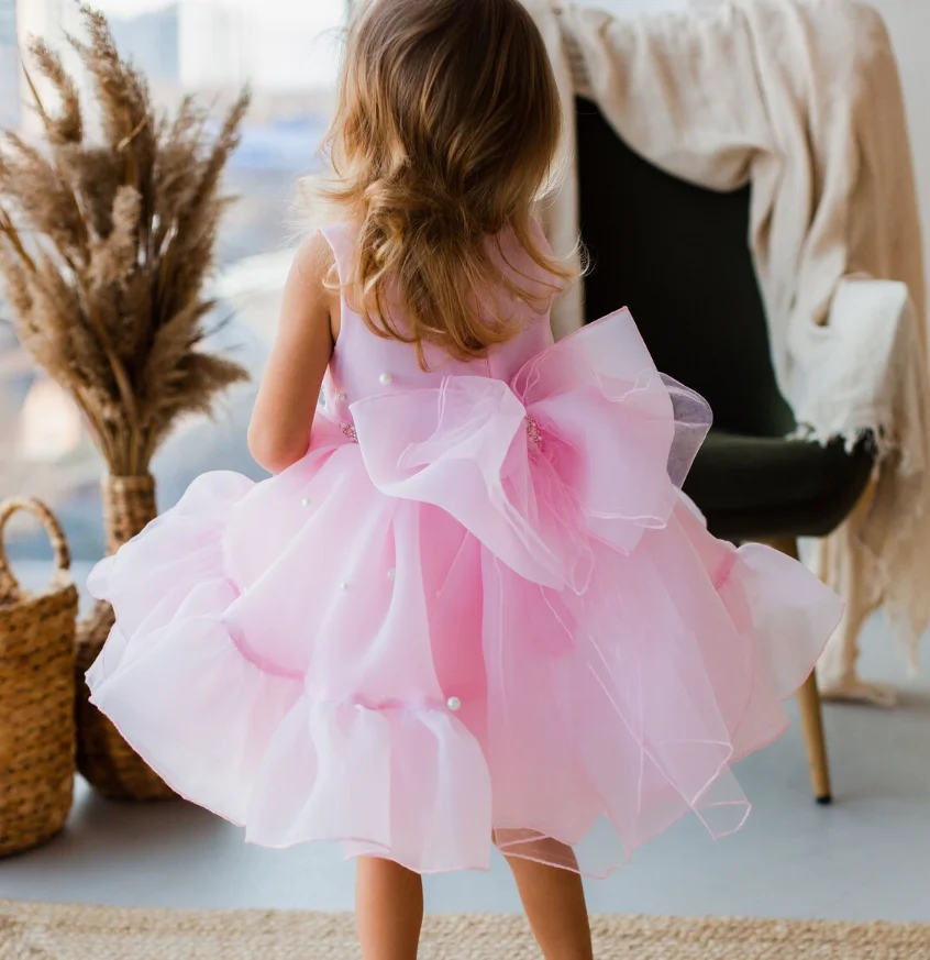 Beaded Sequin Pink Baby Girl Party Dress Photo Shoot Toddler First Birthday Gown Girls Baptism Gifts Baby Gift Big Bow