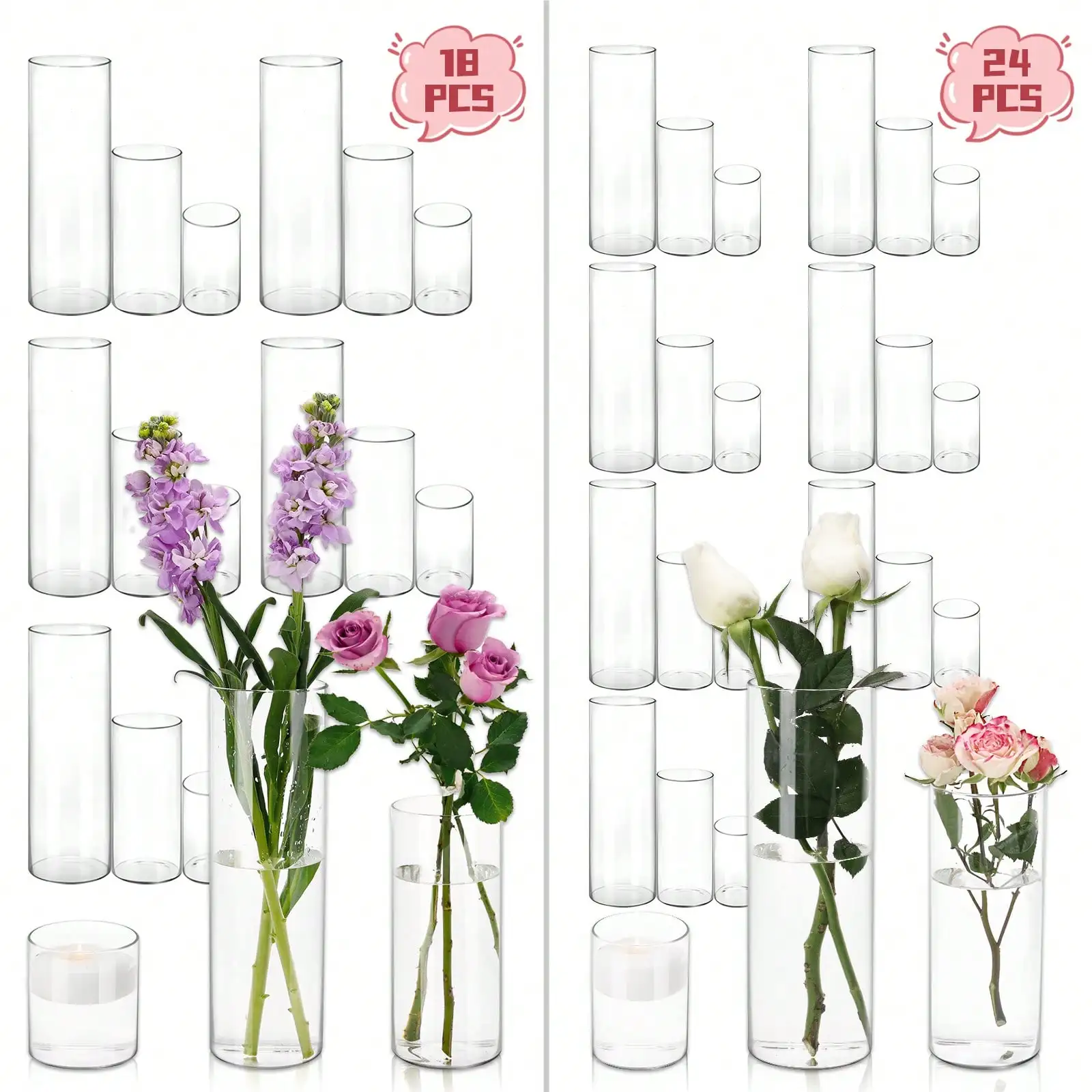 9/18/24/30‑Pack Clear Glass Cylinder Vases, 4/8/12 Inch Tall Hurricane Floating Candle Holders, Glass Flower Vases for Table & Shelf Centerpieces, Wedding, Party & Home Decor