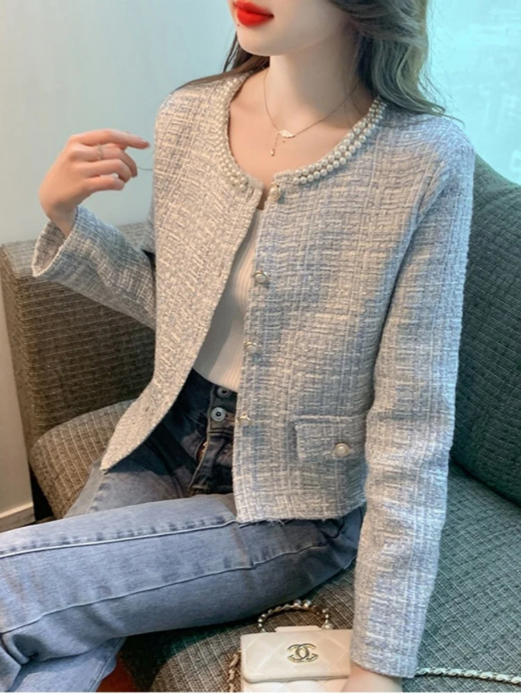 

Короткий жакет в стиле «маленький аромат» для женщин, новинка 2026 года, весна-осень, с жемчугом, элитный дизайн