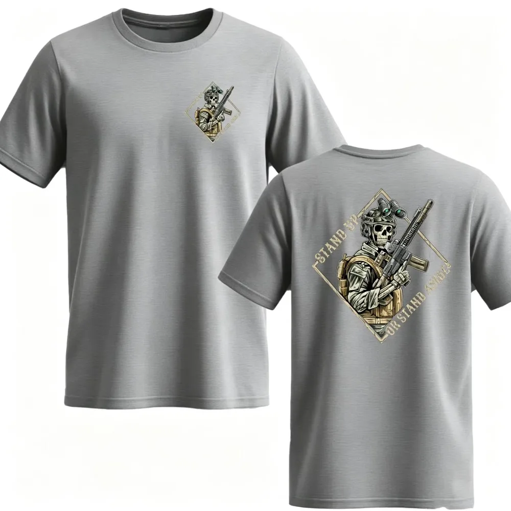 2026 New Tactical Skeleton Soldier Front Back Print T-shirt Kids Adults Vintage Military Style Streetwear Loose Short Sleeve Top