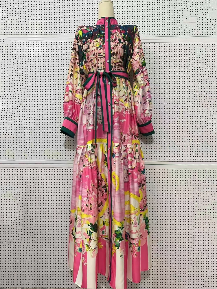 

Landscape print stand-up collar single-breasted lace-up cinched waist dress 2025 Autumn women's pleated loose puffy dress