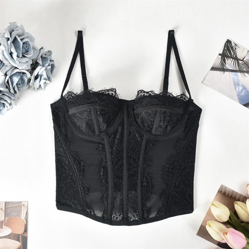 Sexy Lace Fish Bone Corset Mesh Bustier Tops for Women Black Lace Corset Spaghetti Strap Going Out Crop Top Camisole