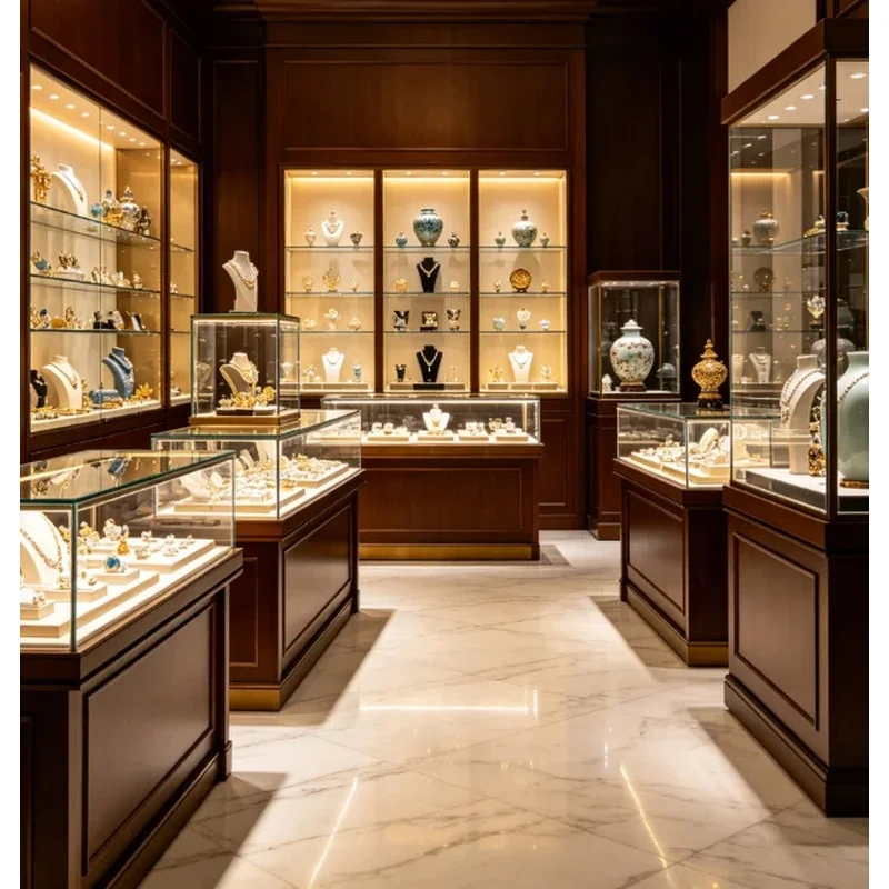 custom.Bespoke Eco-Friendly Heavy Duty Glass Showcase Kiosk with Internal LED Lighting and Lock Luxury Jewelry Retail Showro