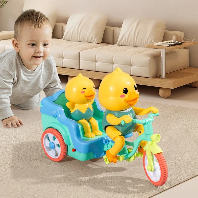 รถสามล้อไฟฟ้ารูปเป็ดน้อยสีเหลืองน่ารัก ของเล่นรถสามล้อการ์ตูนสัตว์มีไฟและเสียงเพลง ของเล่นสัตว์เลี้ยงอิเล็กทรอนิกส์สำหรับเด็ก