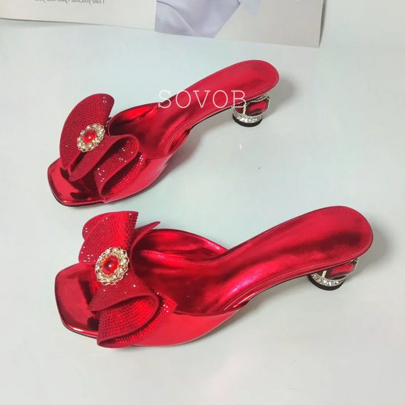 New Summer Patent Leather Rhinestone Bow Decoration High-Heeled Slippers Women Sweet Fairy Style Slippers Banquet Dress Shoes