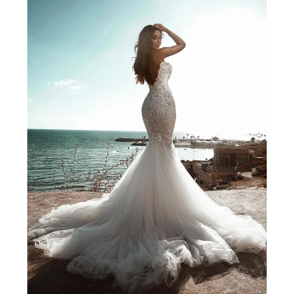 Fashion White Mermaid Gowns Bride Dress Elegant V-Neck Crystal Beading Appliques Lace Up Sweep Train Luxury Wedding Dress 2023