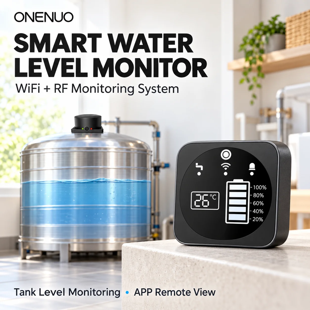 2026 WiFi Liquid Level Sensor Tuya Ultrasonic 433MHz Remote Control Indoor/Outdoor Tank Level Monitor with APP Alarms