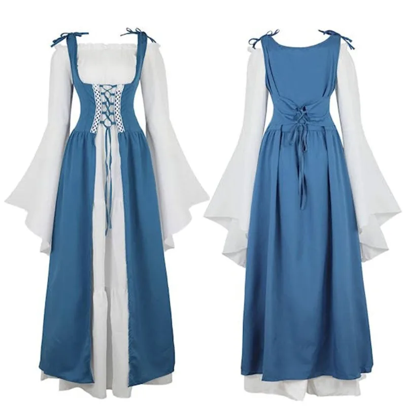 

Medieval Lace-up Dress Square Neck Corset Waist Gown Vintage Cosplay Costume for Evening Party Performance Women's Wear