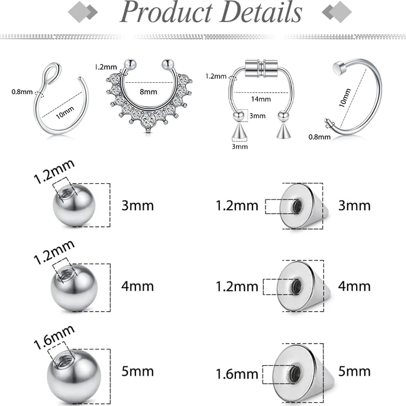 Fake Eyebrow Ring Fake Lip Labret Studs Replacement Balls Spike with 100pcs Sticker Non-Piercing Body Jewelry Fake Skin Piercing