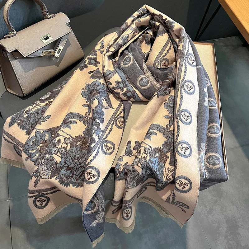 Women Floral Thick Double Side Cashmere Scarf Female Pashmina Winter Warm Blanket Bufanda with Tassel Shawl Wraps 2022 New