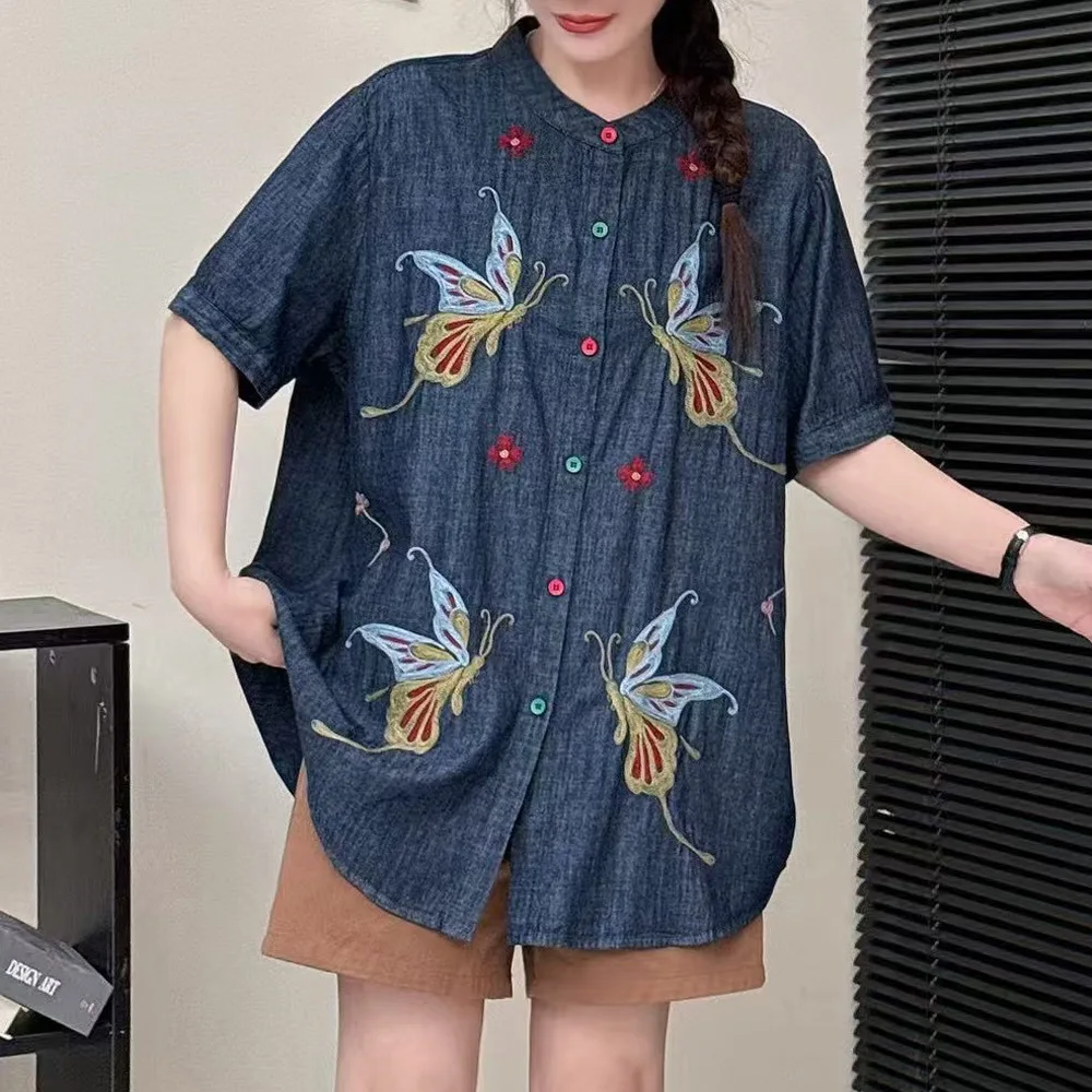 Vrouwen Vintage Mori Meisje Vlinder Borduren Denim Shirts Zomer Japan Stijl Stand Kraag Korte Mouw Casual Losse Jeans Blouse