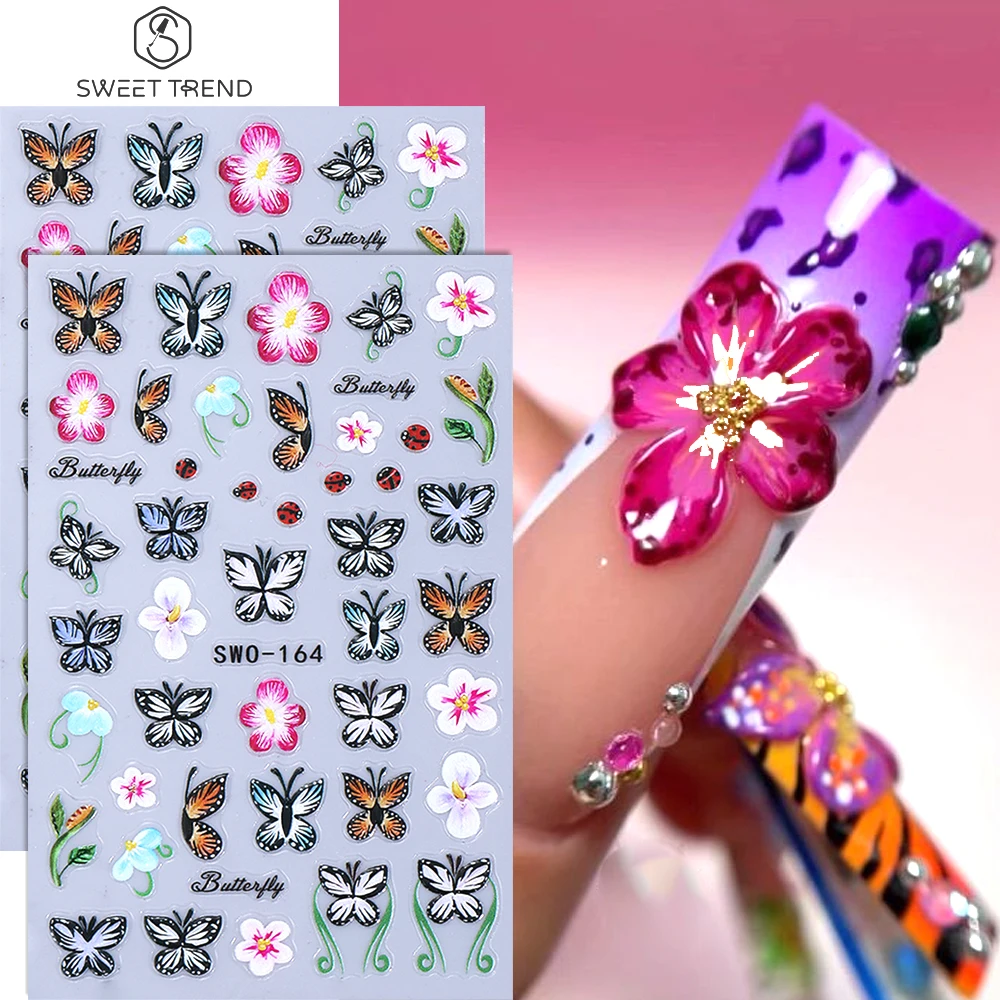 

SWEET TREND-1/2 шт. 5D объемные наклейки для ногтей с цветами и бабочками, самоклеящиеся стикеры с узорами в виде лепестков и насекомых для DIY маникюра