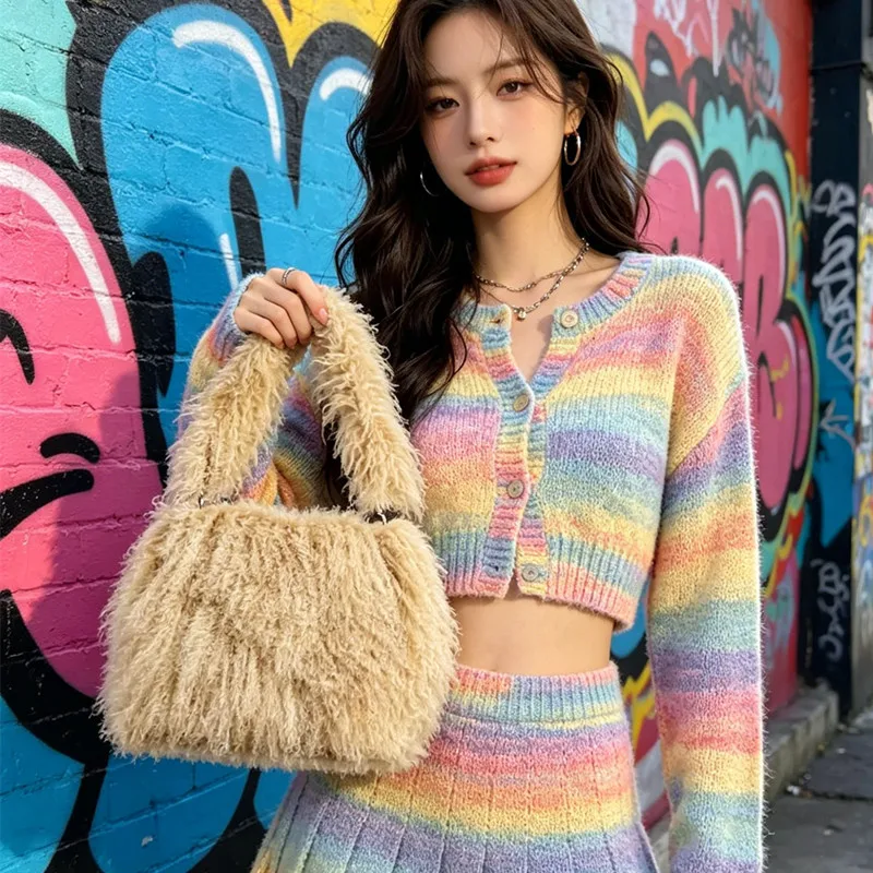 Real natural fur styles for handbag 2026 beautiful Coarse wool leather party Women Bag Buckle shoulder bag Fashion show