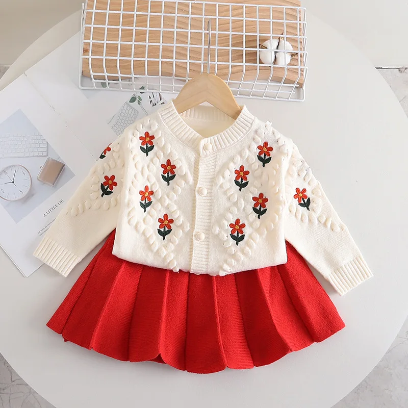 Diamond check Whole flower embroidery Girls' knitted two-piece set  girls sweater  winter clothes for girls  knit sweater