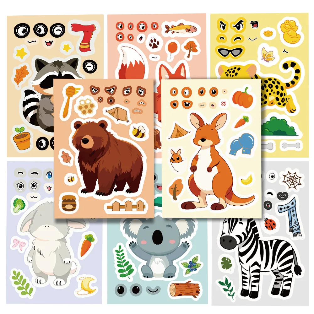 

8sheets DIY Animal Make-a-Face Stickers Cute Cartoon Koala Rabbit Fox Bear Wildlife Decals for Scrapbook Journal Laptop