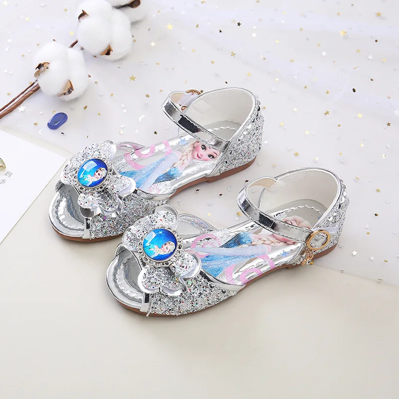Sandalias de suela blanda de dibujos animados de Frozen de Disney, zapatos de princesa para niña, zapatos de cristal, zapatos planos de cristal para niña