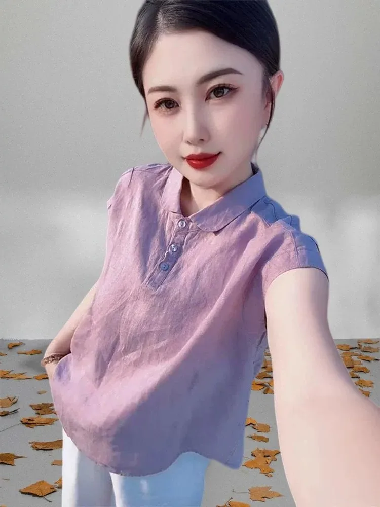 Design Sensation Women's Large Size  Shirt Summer Short Sleeve Turn-down Collar T-shirt Purple Taro Root Color High ...