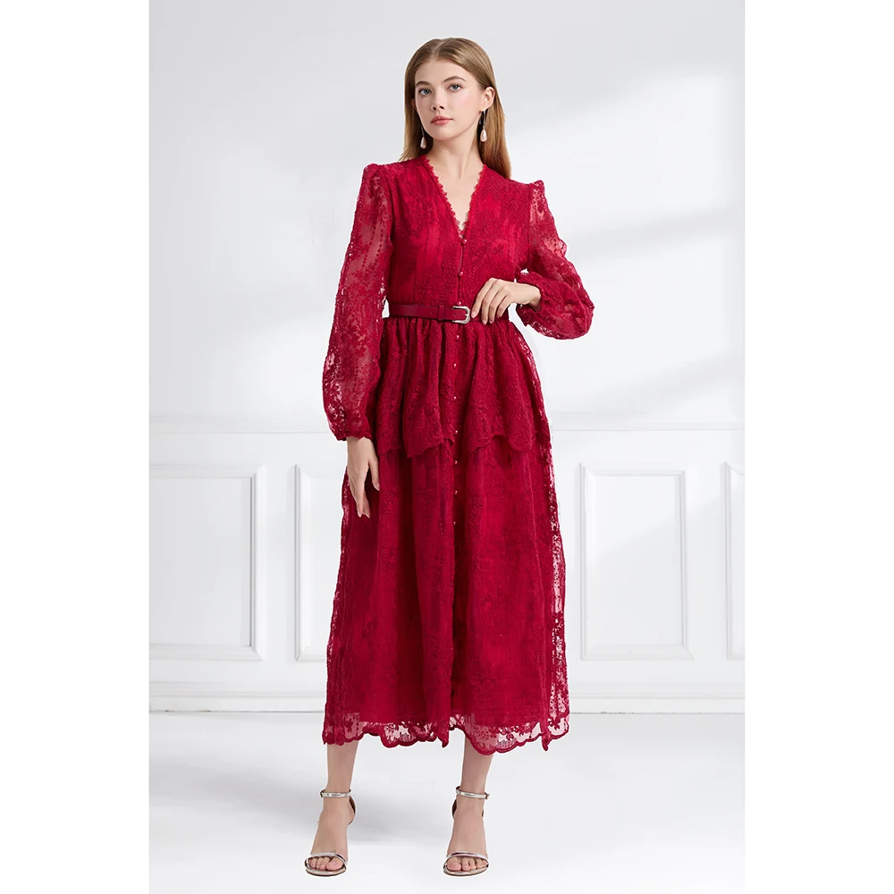 

Autumn French High-end Elegant Evening Gown Women V-neck Lantern Sleeve Single-breasted Embroidered Dress Vintage Festival Robe