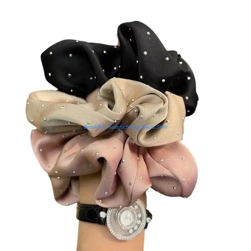 E56A 3PCS Französische Stile Rassestones Scrunchie Eleganter Pferdeschwanzhalter mit Rüschenstoff Fashion Hair Accessoires für