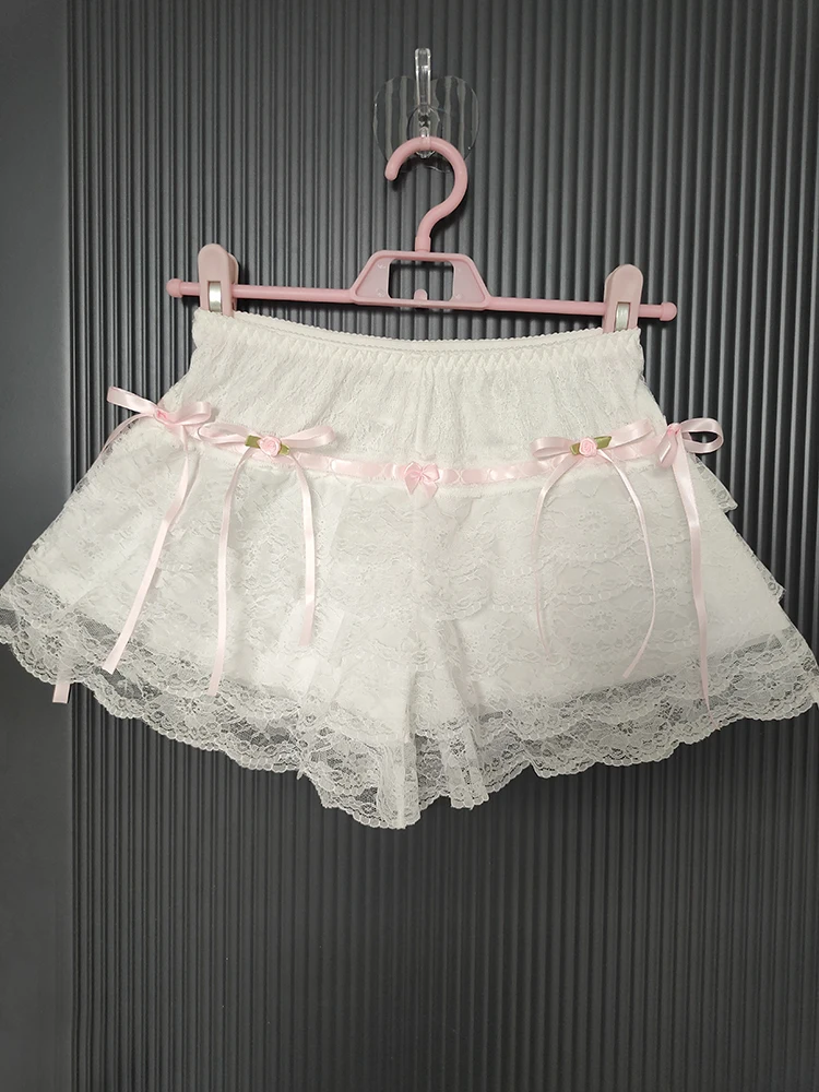 

Cute Multi-layered Lace Bottoming Shorts Women Bows Decoration Elastic Waist Lolita Style Safety Short Pants for Sweet Girls