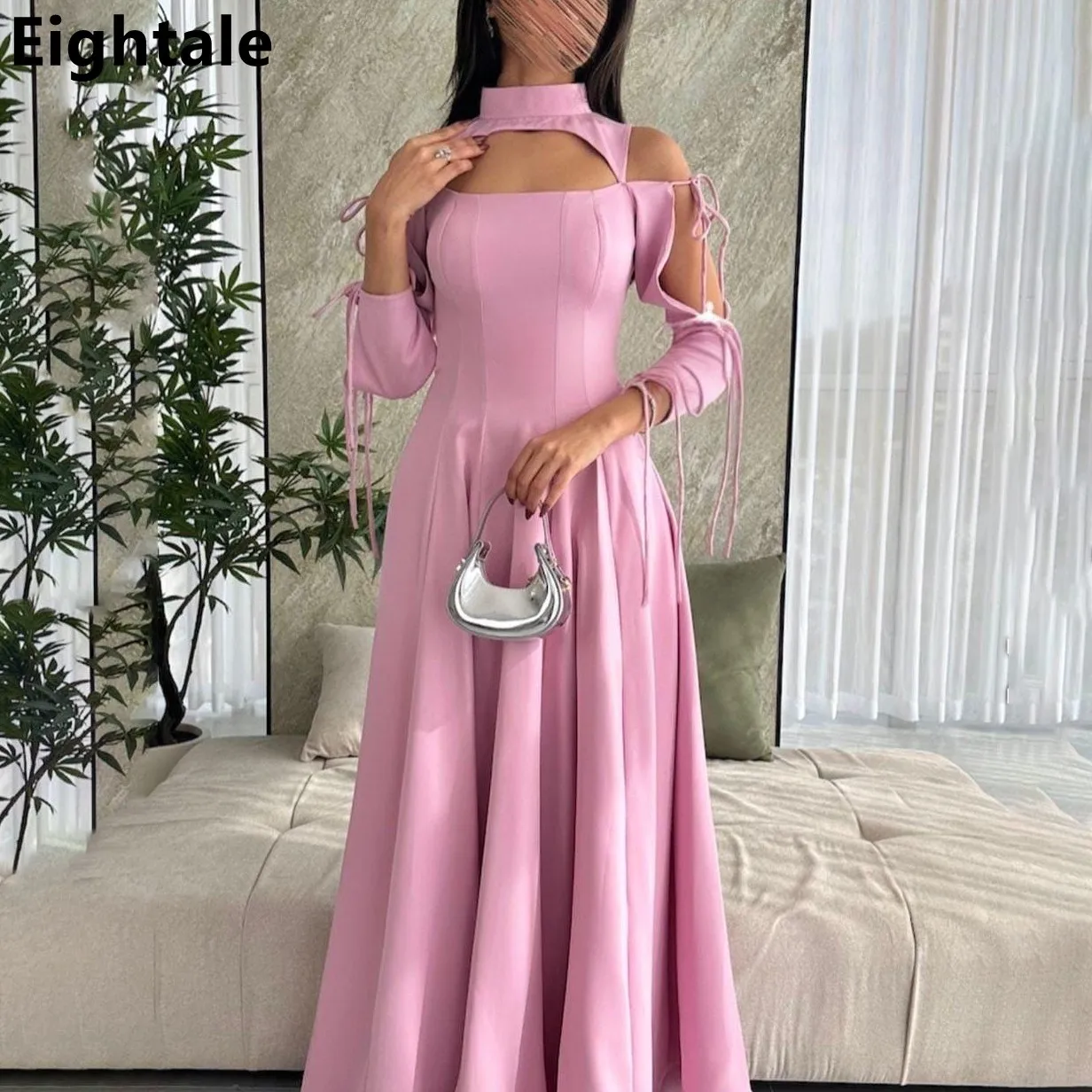 

Eightale 2025 Pink A Line Satin High Neck Hollow Sleeves Evening Dress Wedding Prom Dress Saudi Arabic Party Gown Customized
