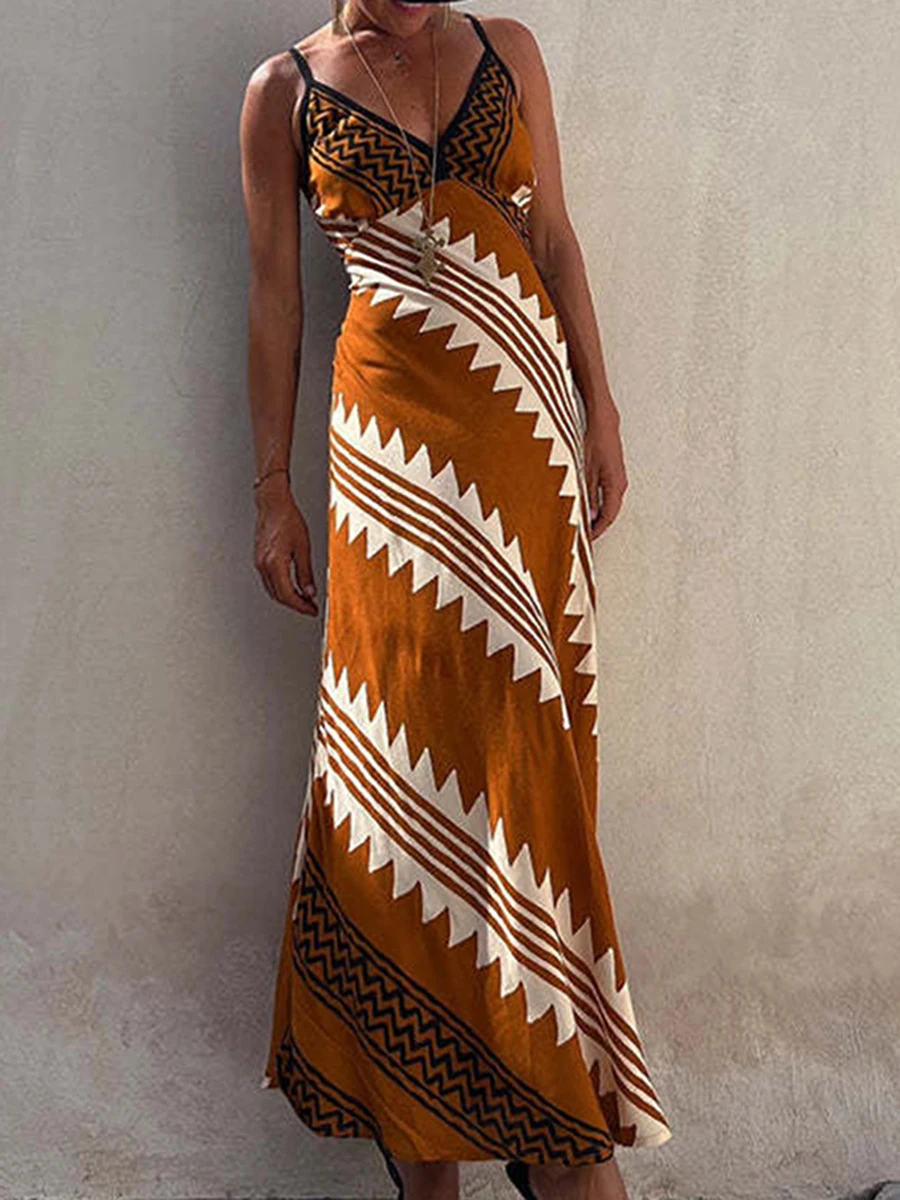 هندسية مطبوعة مثير المرأة ماكسي فساتين أكمام الخامس الرقبة ألف خط حمالة السيدات Vestidos موضة فستان طويل غير رسمي للمرأة