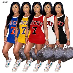 Summer Women Mesh Dress Campus Style Letter Print Simple Sports Tank Top Mini Skirt Fashion Round Neck Sleeveless Sexy Clothing