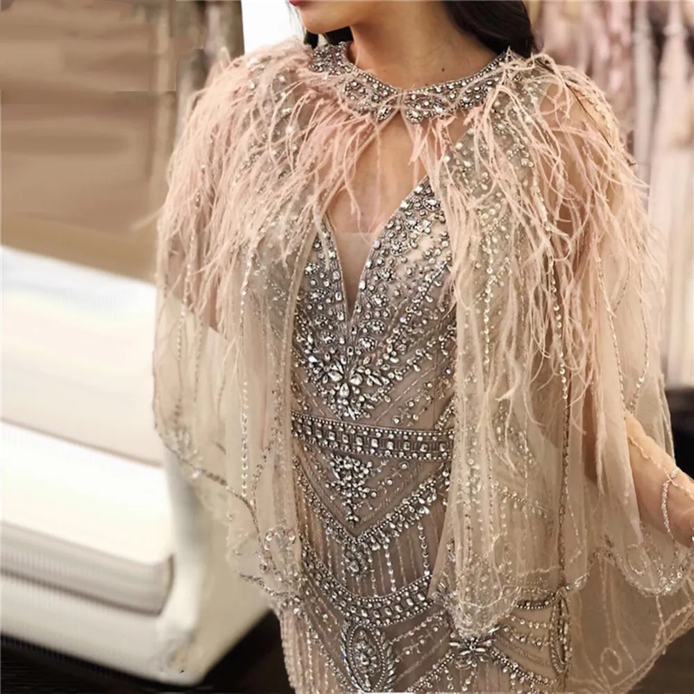 Luxury Mermaid Evening Dresses For Women V Neck Beaded Handmade Formal Prom Wedding Party Gowns Shawl Yarn Feathers Custom Made