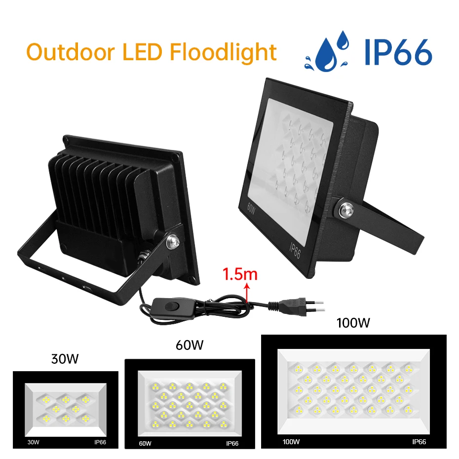 Outdoor LED Flood Light 30W 60W 100W AC220V IP66 Waterproof Reflector Spotlight with EU Switch Plug for Garden Street Lighting