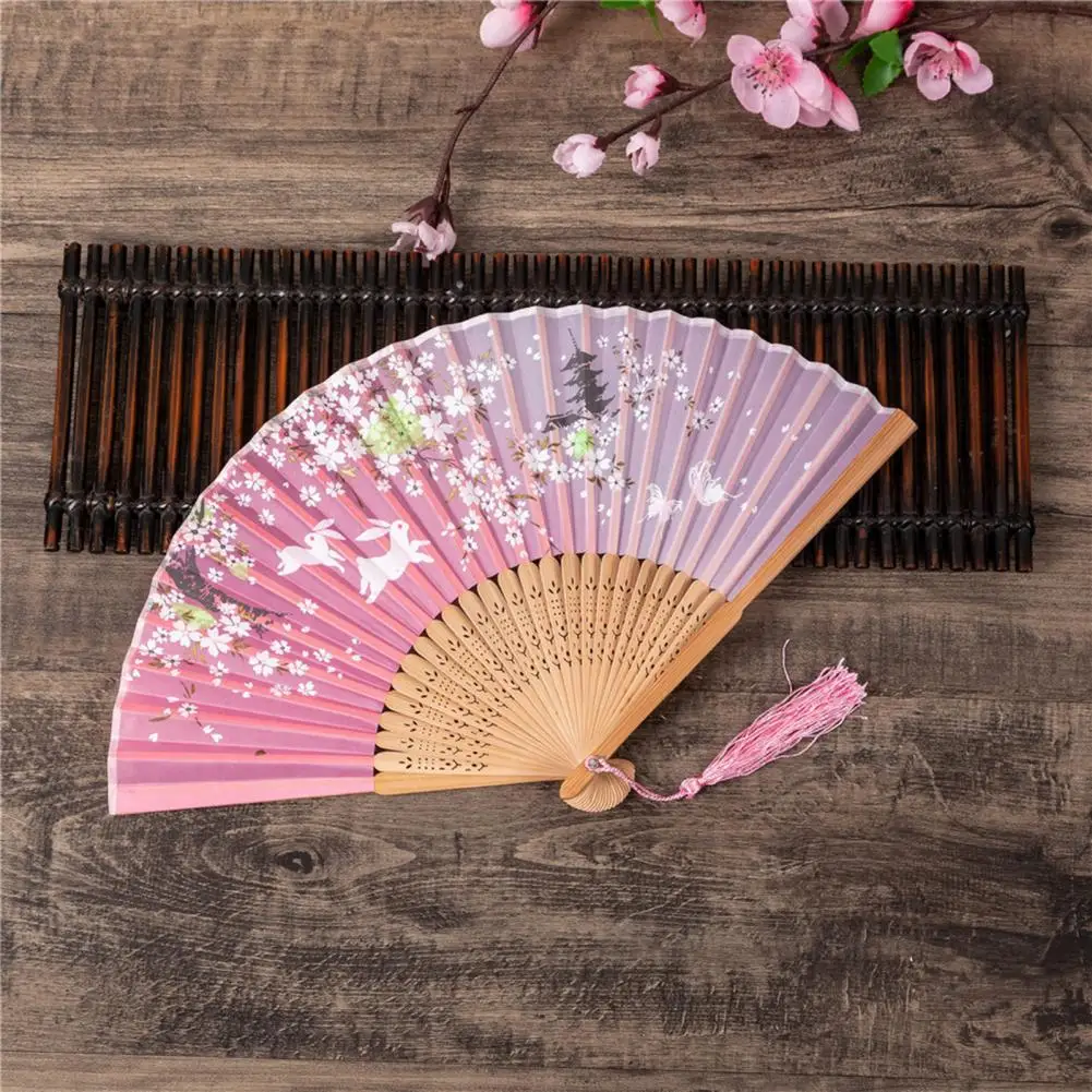 Chinese Style Folding Fan Silk Cloth Flower Print Bamboo Fan Portable Decorative Hand Held Fan Cosplay Wedding Party Props Decor