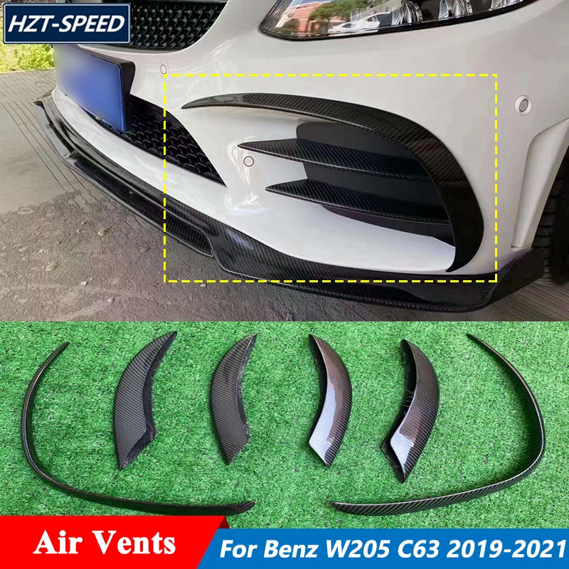 6 PCS Real Carbon Fiber Material Front Bumper Fog Lights Air Vents Stickers Trims For Mercedes Benz W205 C63 Tuning 2019-2021
